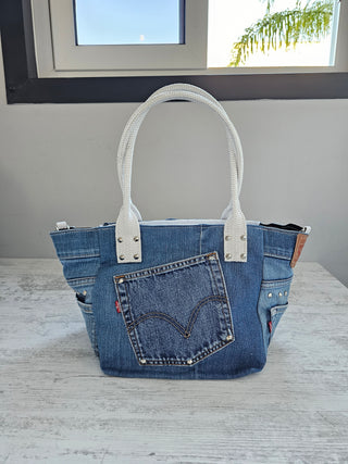 Borsa Denim jeans e raffia bianca