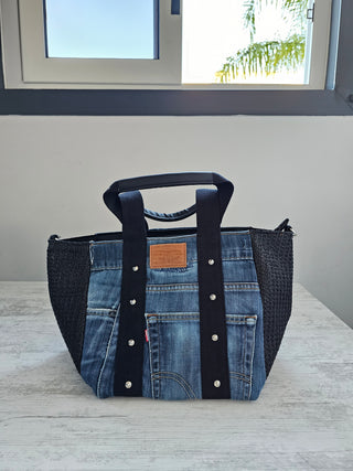 Borsa Flora jeans e raffia nera