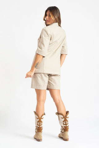 Double-breasted jacket and shorts suit in taupe linen