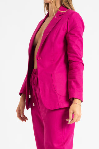 Tailleur giacca e pantaloni in lino fucsia