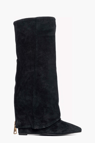 Stivali con zeppa e risvolto con zip camoscio nero 1719