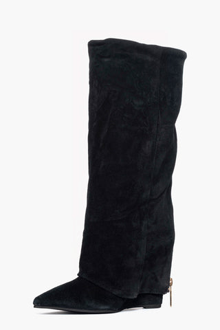 Stivali con zeppa e risvolto con zip camoscio nero 1719