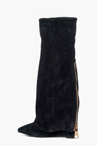 Stivali con zeppa e risvolto con zip camoscio nero 1719