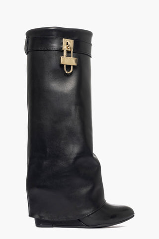 Stivale con risvolto pelle nero e accessorio oro Cinzia 10