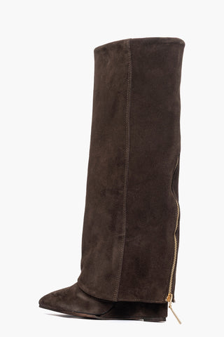 Stivali con zeppaa e risvolto con zip camoscio marrone 1719