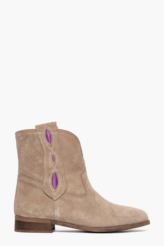 292 taupe suede ankle boot with purple embroidery and insert