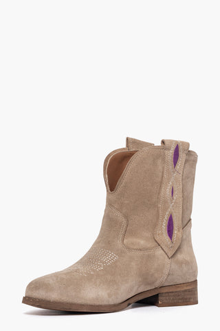 292 taupe suede ankle boot with purple embroidery and insert
