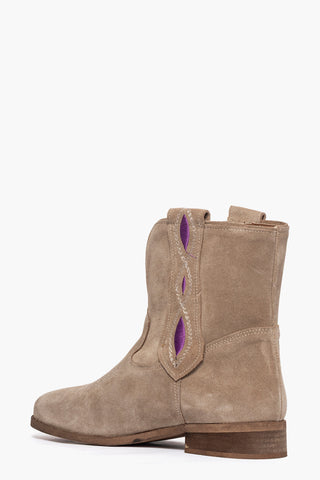 292 taupe suede ankle boot with purple embroidery and insert