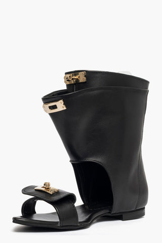 Sandalo 7713 stivaletto pelle nero e accessorio oro