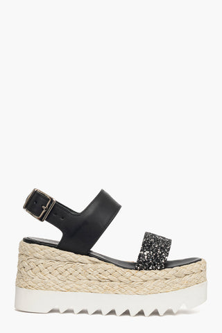 Sandalo zeppa Loly pelle nero e glitter