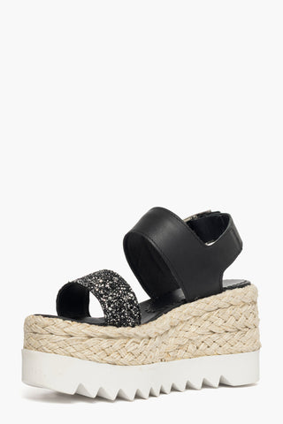 Sandalo zeppa Loly pelle nero e glitter