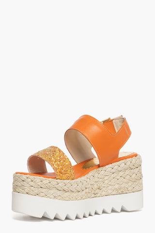 Sandalo zeppa Loly pelle arancio e glitter