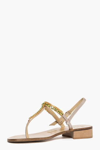 Sandalo infradito gioiello pelle oro pietre verdi Bijoux