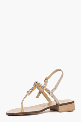 Sandalo infradito gioiello pelle oro e pietre lilla