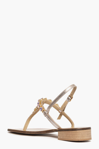 Sandalo infradito gioiello pelle oro e pietre lilla