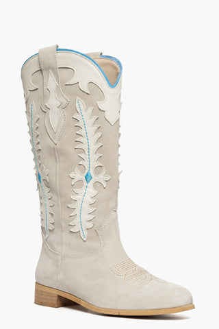Stivali 294 in camoscio beige e pelle beige ricamo azzurro