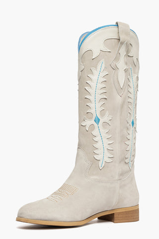Stivali 294 in camoscio beige e pelle beige ricamo azzurro