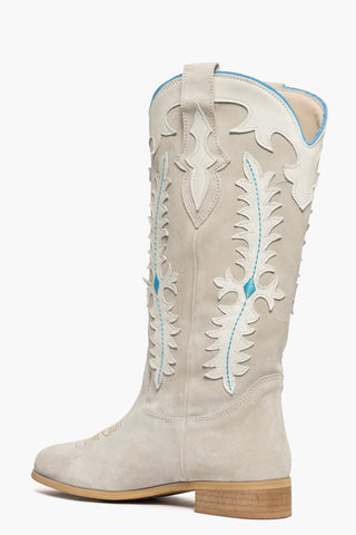 Stivali 294 in camoscio beige e pelle beige ricamo azzurro