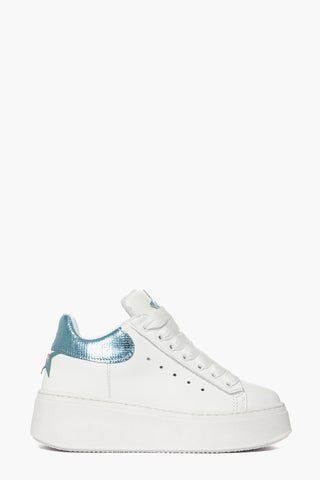 White leather sneakers with light blue inserts with Santiago Lux accessories