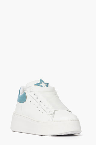 White leather sneakers with light blue inserts with Santiago Lux accessories