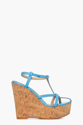 Sandali pelle celeste con zeppa in sughero multicolore Carmensita Ken