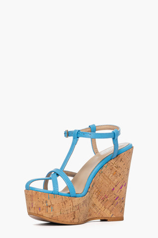 Sandali pelle celeste con zeppa in sughero multicolore Carmensita Ken