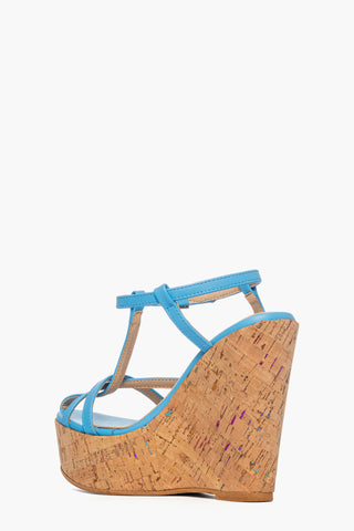 Sandali pelle celeste con zeppa in sughero multicolore Carmensita Ken