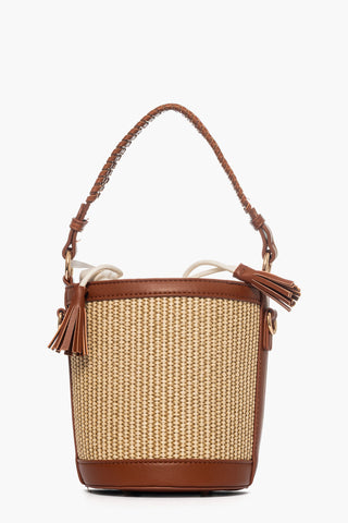 Secchiello in rafia beige e riporto cuoio Sun