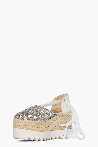 Sandalo zeppa Ibiza 98 glitter argento e pelle bianco