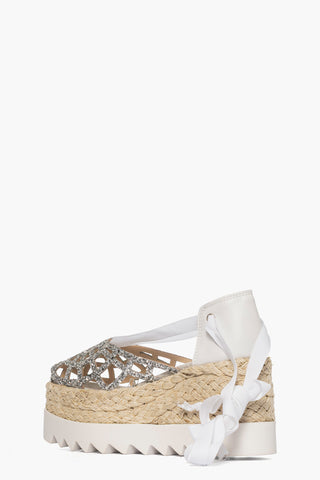 Sandalo zeppa Ibiza 98 glitter argento e pelle bianco