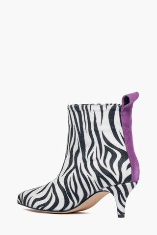 2504 synthetic pony skin ankle boots with purple suede inserts