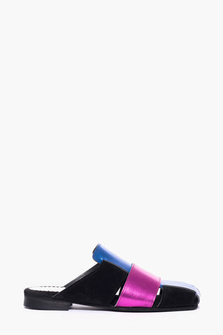 Veronica low mule in black suede and bluette and fuchsia laminate