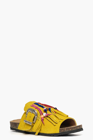 Ciabatta con frange e perline camoscio giallo Vera 1
