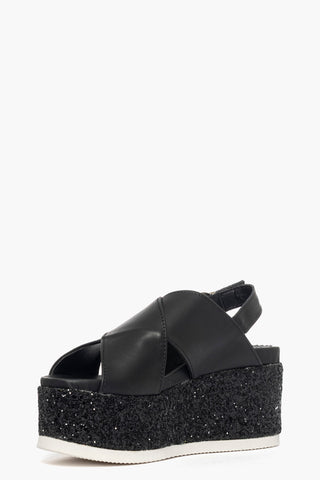 Sandalo con zeppa pelle nero e glitter nero Holly 3