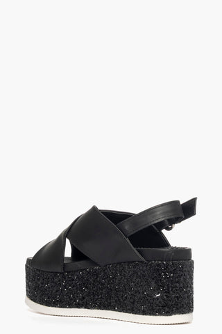 Sandalo con zeppa pelle nero e glitter nero Holly 3