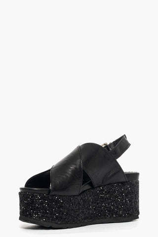 Sandalo con zeppa pelle nero e glitter nero total Holly 3