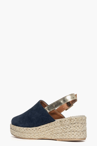 Sandalo con zeppa Spago 20 camoscio blu e polvere oro