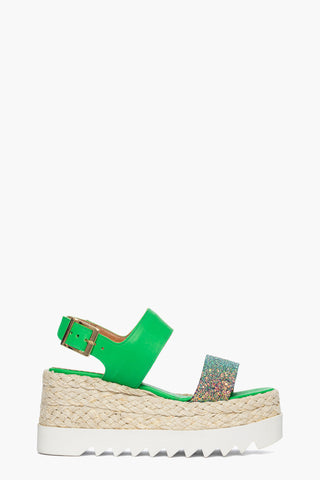 Sandalo zeppa Loly pelle verde e glitter