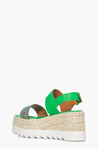 Sandalo zeppa Loly pelle verde e glitter
