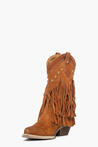 Stivali Oldwest 100 camoscio cuoio con frange e borchie