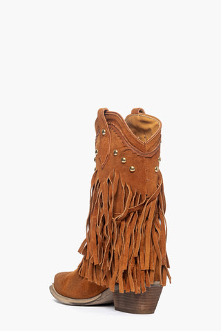 Stivali Oldwest 100 camoscio cuoio con frange e borchie