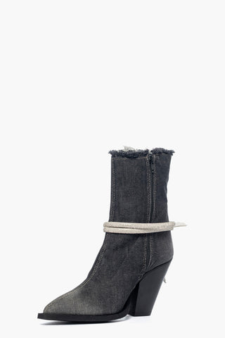 Gabriella Star black washed jeans ankle boots with rhinestone anklet