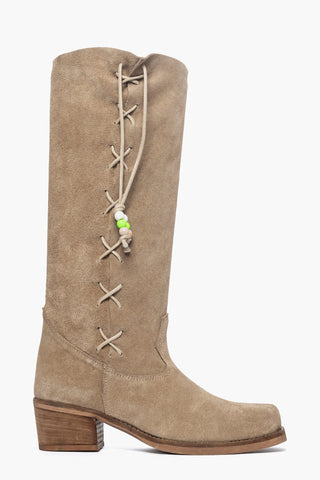 Stivali camoscio taupè con laccio e perline Gioele 1350