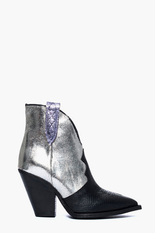 Gabriella Trend crac ankle boots in silver laminate, purple and black leather