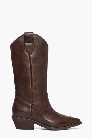 New Old 1254 - Stivale tecsano pelle marrone con ricamo