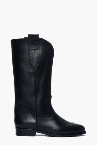 288 black leather boots with embroidery on the toe and neckline