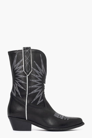 Oldwest 92 ankle boots in black leather and white embroidery