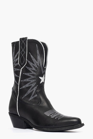 Oldwest 92 ankle boots in black leather and white embroidery
