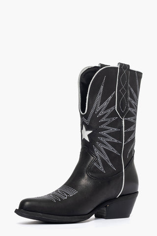 Oldwest 92 ankle boots in black leather and white embroidery