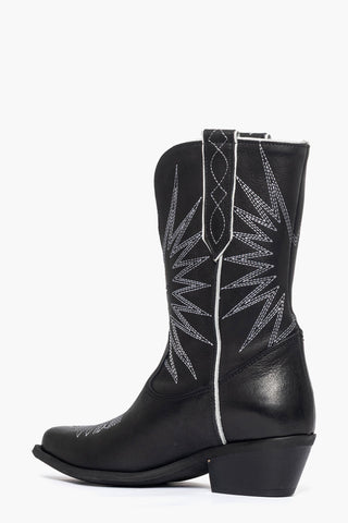Oldwest 92 ankle boots in black leather and white embroidery